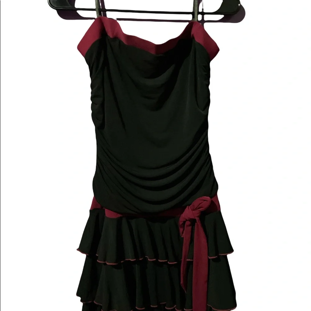 In San Francisco strapless tiered black and purple midi dress